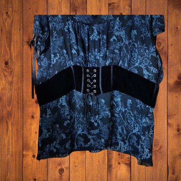 Lane Bryant Women's Size 24 Blue Floral Velvet Corset Waist Top Witchy Goth - Picture 2 of 5